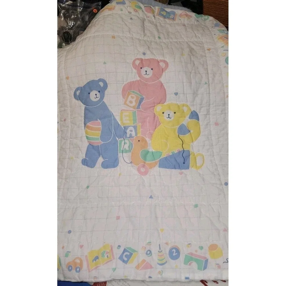 Vintage Pastel Teddy Bear Duck Baby Comforter Blanket 80s Amsinck Rare Cottageco